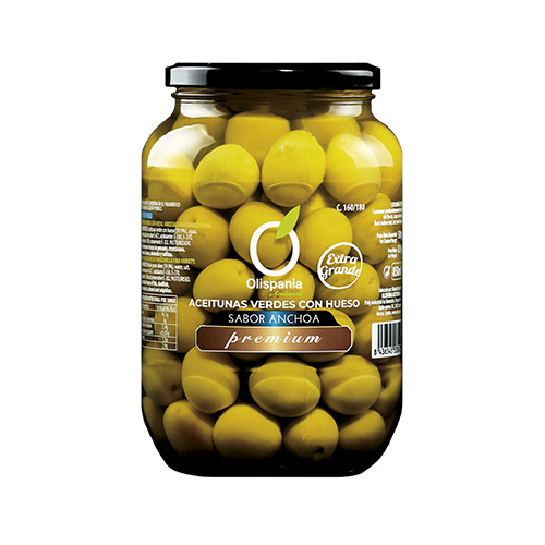 ACEITUNAS MANZANILLA SABOR ANCHOA 160/180 500 GRS PREMIUM OLISPANIA
